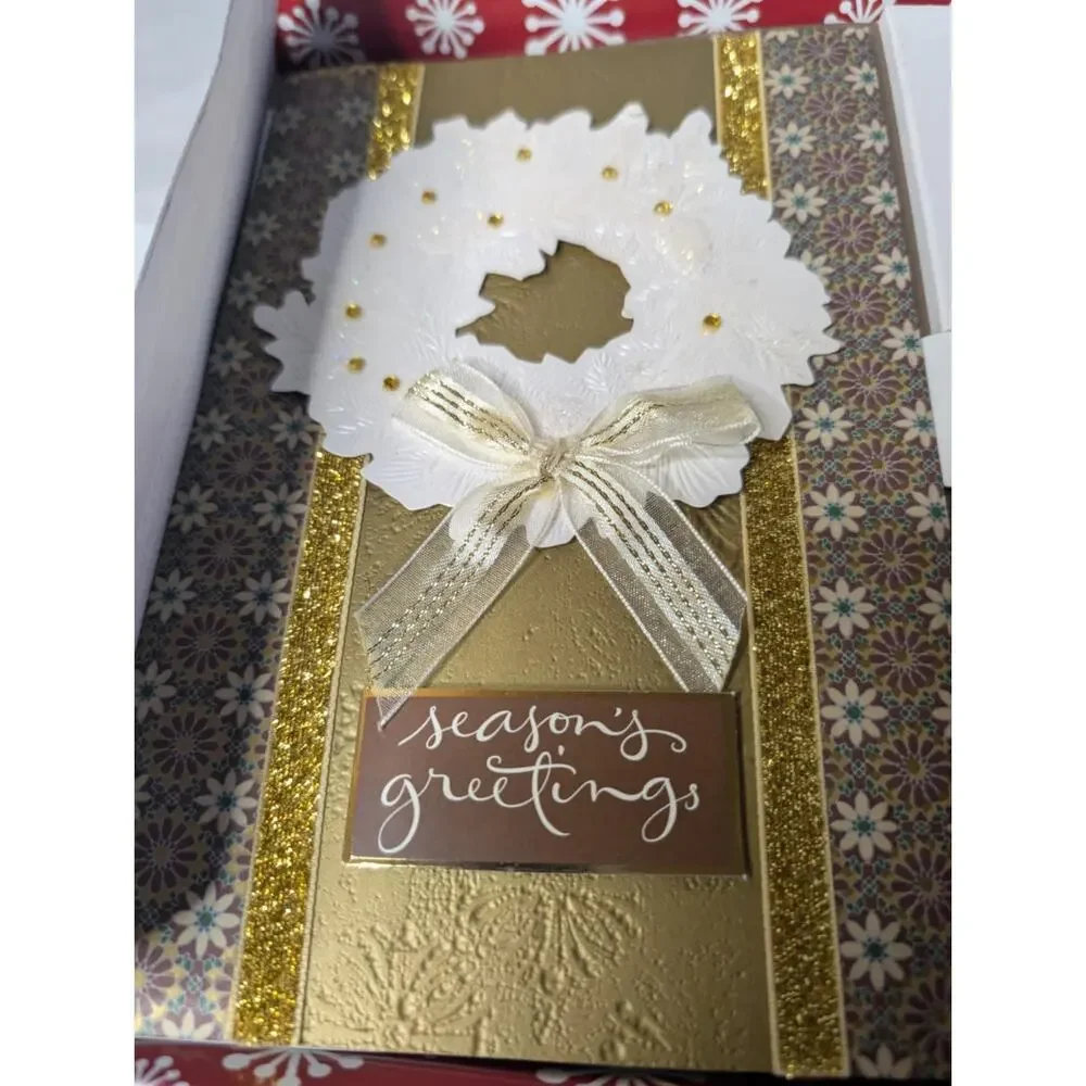12 Elegant White Wreath Gold Embossed Hallmark Season Greetings Christmas Cards